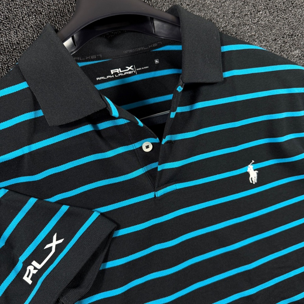 RLX Ralph Lauren Men XL Golf Polo Shirt Black Turquoise Striped Pima Cotton Pony